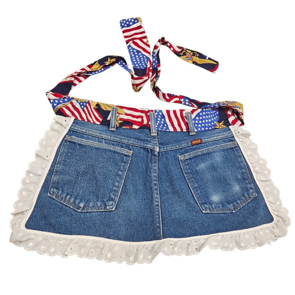 Denim‎ Apron Upcycled Jean Pockets Patriotic American Flag Lace Country Cookout